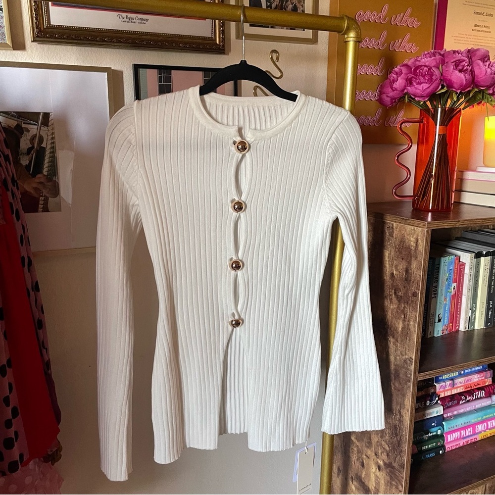 NEW Commense White Ribbed Knit Button Front Sweater - Picture 4 of 14